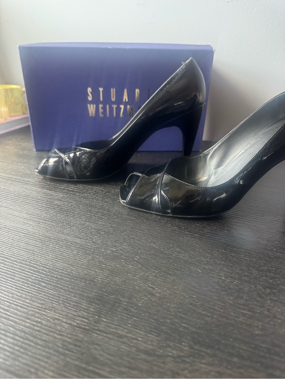 Stuart Weitzman Black Patent Peep-Toe Heels 9.5 👠